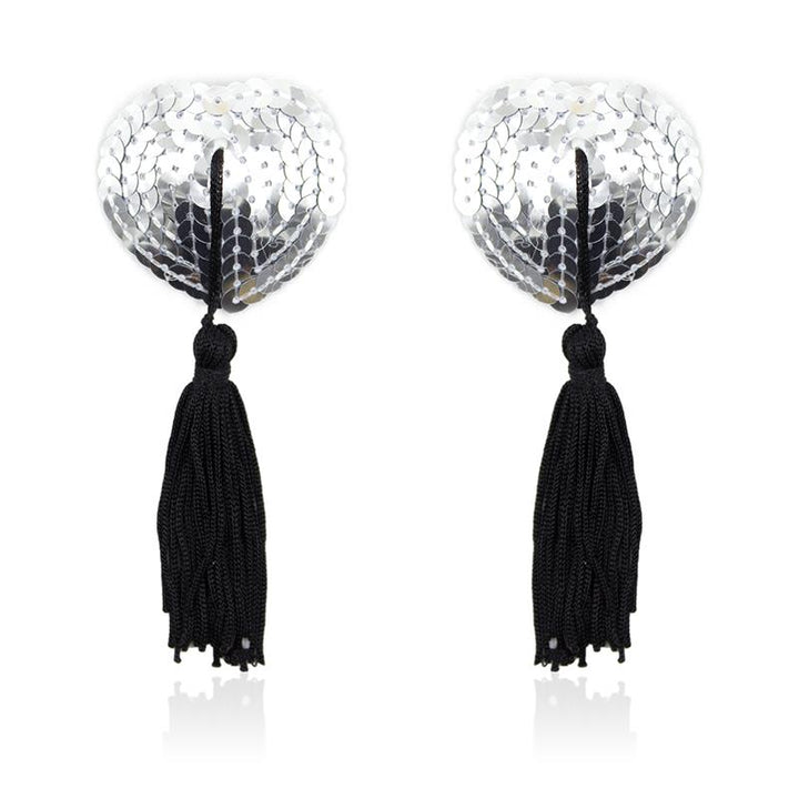 Self Adhesive Heart Sequin Nipple Cover with Tassel Silver Black