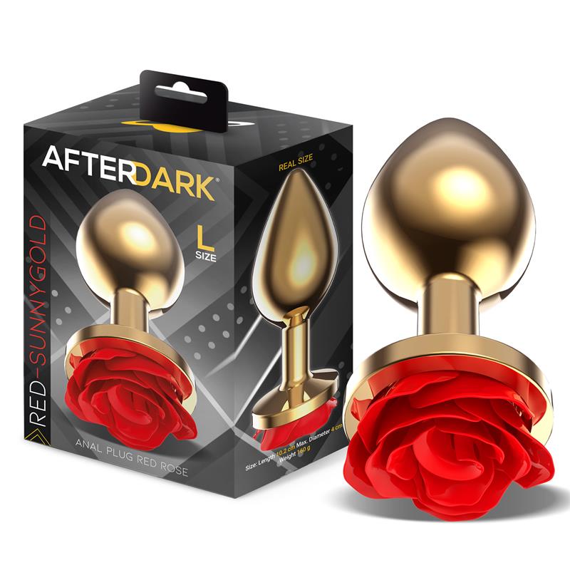 Golden Metal Anal Plug with Red Rose Base Size L