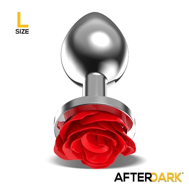 Silver Metal Anal Plug with Red Rose Base Size L